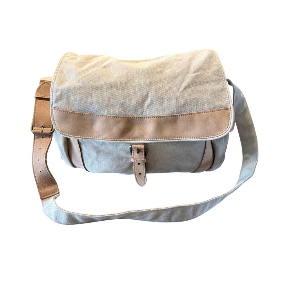 LL Bean Canvas Leather Messenger Bag Beige Crossbody Shoulder Bag CNLP0747